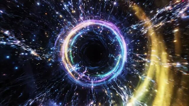 Cosmic wormhole tunnel with swirling colorful energy and light particles, abstract space background animation for science and fantasy themes.