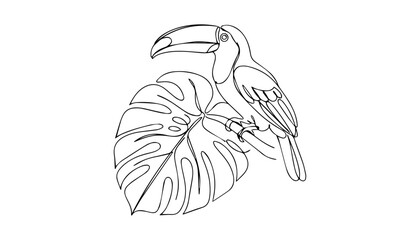 Naklejka premium Abstract continuous line art toucan on leaf vector illustration minimalist tropical nature icon