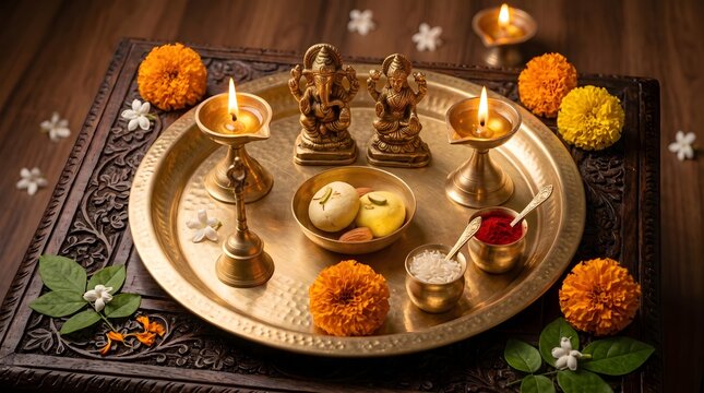 Traditional Mahalaya Worship Puja Thali Arrangement 16:9 Screen