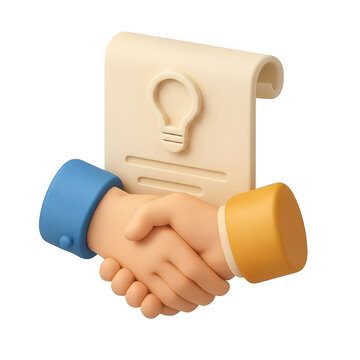 3d cartoon style handshake icon with a document and a lightbulb symbol representing a successful business deal