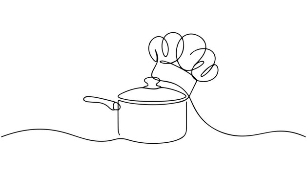Continuous line art cooking pot and chef hat vector illustration minimalist kitchen culinary icon