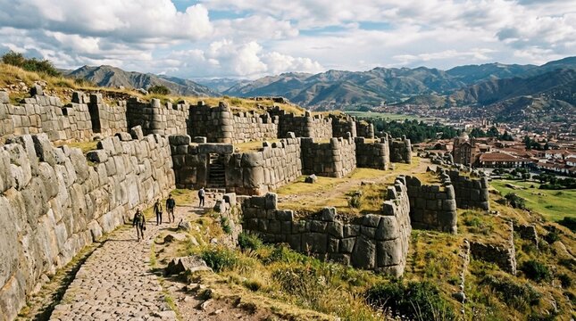 Ancient Inca fortress ruins with Cusco city in background, Peru.