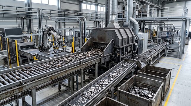 Automated industrial facility processing recycled battery components on conveyor belts