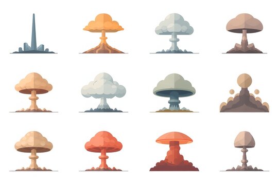 Set of twelve stylized nuclear explosion mushroom cloud icons in flat design.