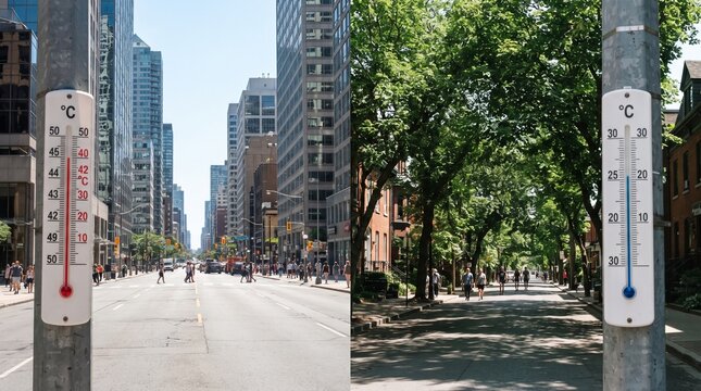 Side-by-side comparison of street thermometers showing extreme heat wave and cool shade