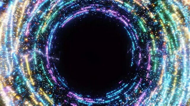 Energetic swirling cosmic vortex with bright colorful light trails and particles against a dark starry sky with electric wave effects, abstract digital motion background.