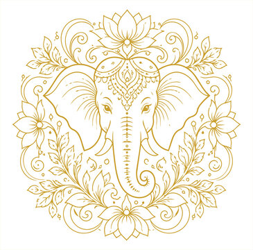 Elephant Mandala Coloring Page with Lotus Flowers and Ornamental Floral Line Art