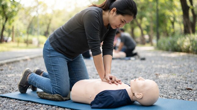 Woman practicing cpr on a medical training mannequin during an outdoor first aid outdoors