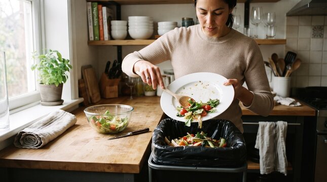 Woman scraping leftover salad from a white dinner plate into a kitchen trash can with food waste