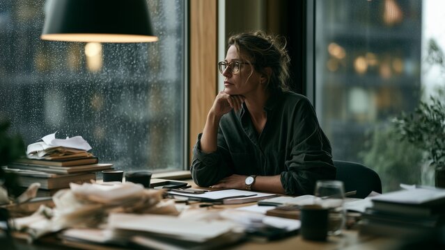 Professional  planning in economic uncertainty.wears a calm, resolute expression at a desk by a window after rain.Scene captures a seamless transition from scattered documents to a systematic strategy