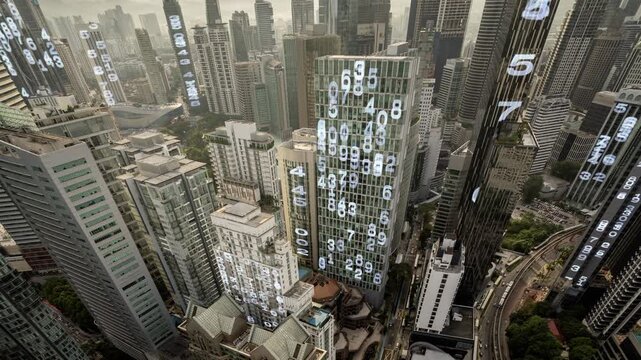 kuala lumpur cyberpunk city with overlayed code and data on the buildings