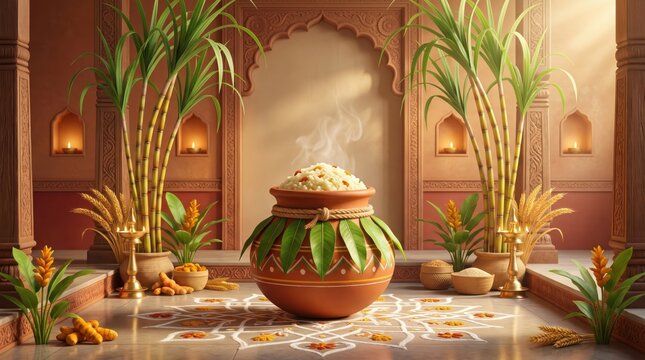 Steaming clay pot of pongal rice decorated with green leaves, surrounded by sugarcane stalks, turmeric roots, and glowing oil lamps on a traditional floor pattern