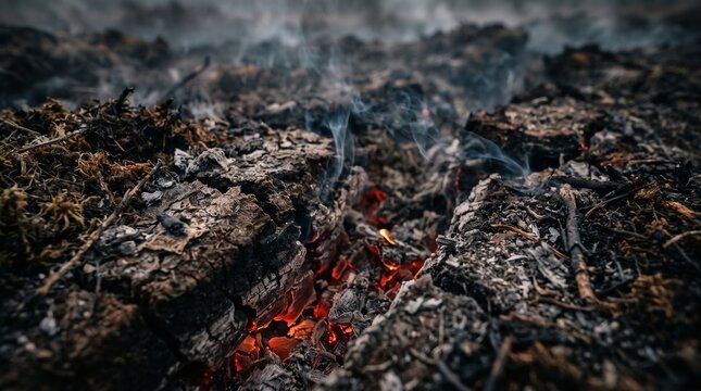 Smoldering scorched ground with glowing embers and smoke