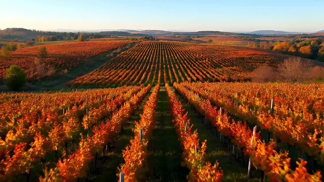 Vineyard in Autumn Colors at Sunset - Aerial View of Rolling Hills Covered in Vibrant Orange and Red Grapevines