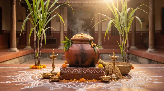 Steaming clay pot of sweet pongal on a traditional floor kolam, surrounded by sugarcane stalks, brass oil lamps, and marigold flowers in a courtyard setting