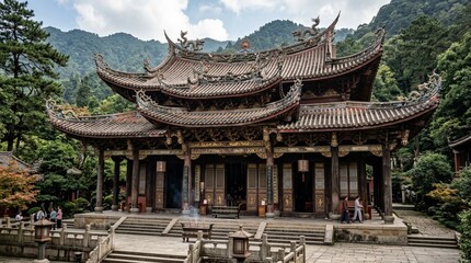 Fototapeta premium Ancient Chinese Temple Building, Lush Green Mountains, Traditional Architecture
