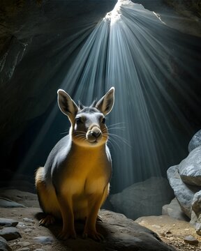 A warm patagonia mara  rabbit genetic hybrid fantasy animal, fictional species, in a crystal cavern