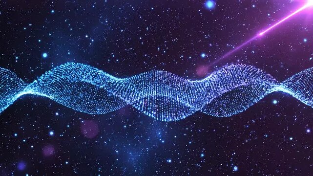 Abstract digital DNA helix wave formed by glowing blue particles flowing through cosmic nebula with stars and light flares cinematic motion background.