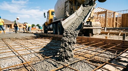 Naklejka premium Concrete cascading from a cement truck chute onto steel rebar at a residential house construction site in daylight with crisp detail.