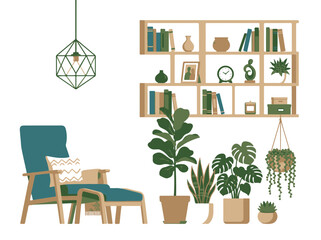 Fototapeta premium Modern Interior Design with Teal Armchair Bookshelf and Potted Plants