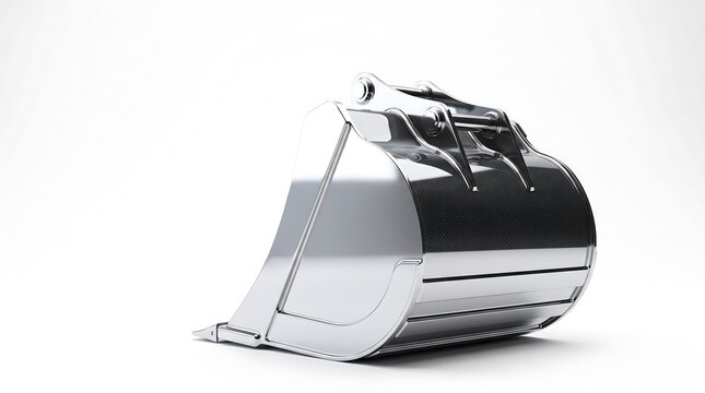 Shiny chrome metallic excavator digger bucket isolated on pure white background