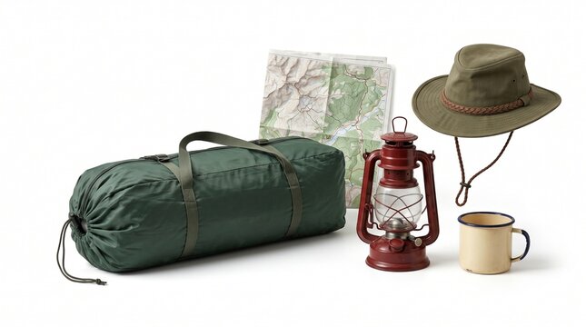 Essential camping gear laid out for an outdoor adventure