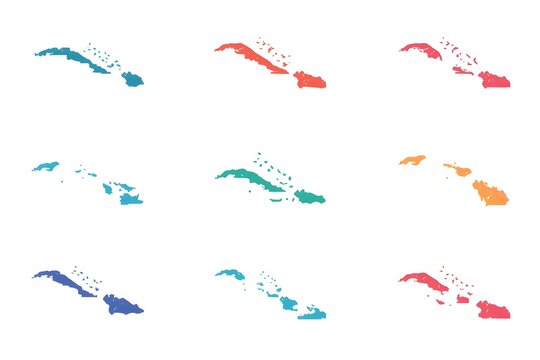 Colorful Caribbean island map set in various vibrant gradients and solid colors.