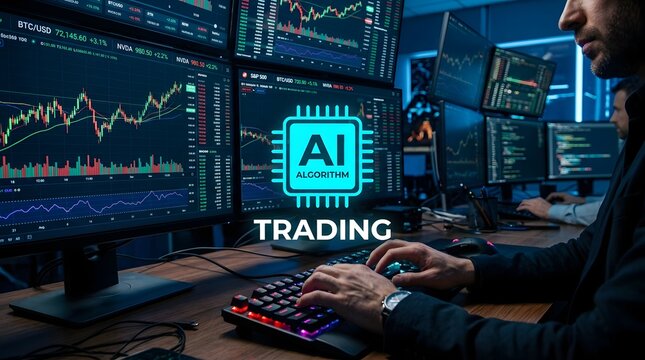 Artificial Intelligence Trading System with Financial Charts and Computer Code on Multiple Monitors