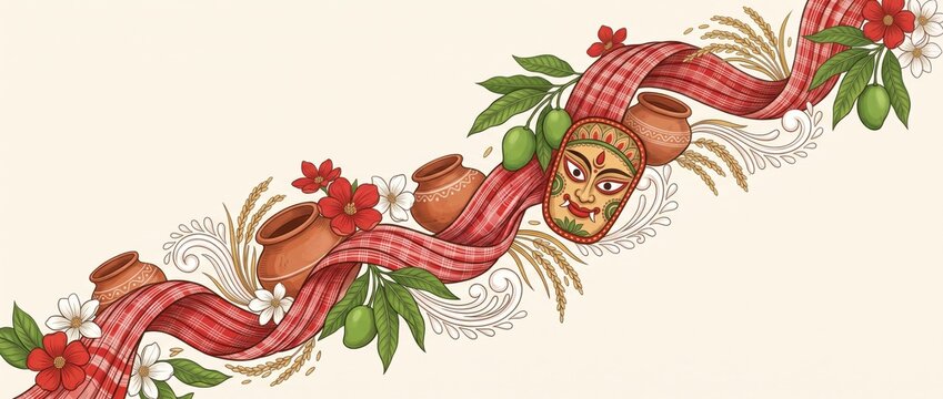 Traditional assamese gamosa fabric with clay pots, mask, mangoes, and flowers on a cream background, diagonal composition
