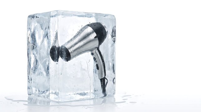 Surreal concept of silver electric hair dryer frozen inside solid ice cube, cooling technology advertising.