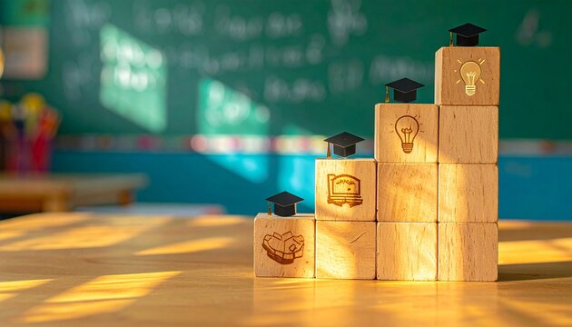 Staircase of stacked wooden educational blocks topped with graduation caps representing academic achievement