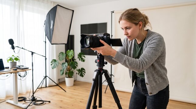 Woman adjusting professional camera on tripod in home studio setup