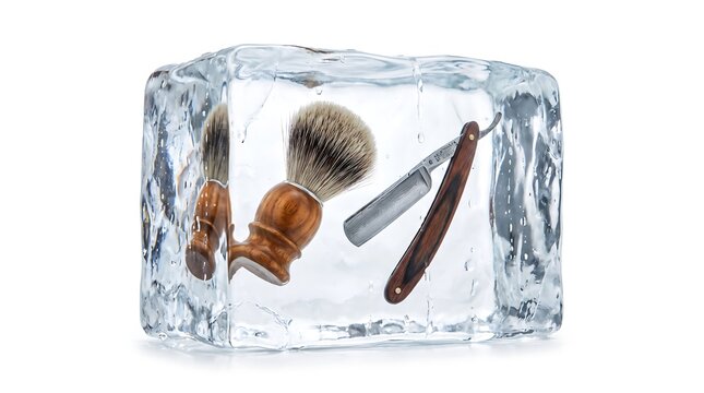 Cooling menthol aftershave advertising concept, vintage barber tools trapped in melting ice block.