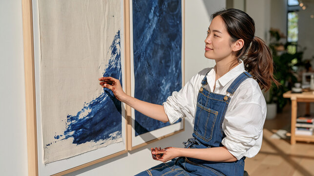 A fabric dyer works in a stark white studio environment, hands stained deeply from indigo vats, two finished textile panels hanging side by side showing raw undyed cloth versus richly saturated fini