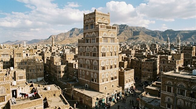 Ancient Sana'a Architecture: Tall Tower Houses in Old City, Yemen