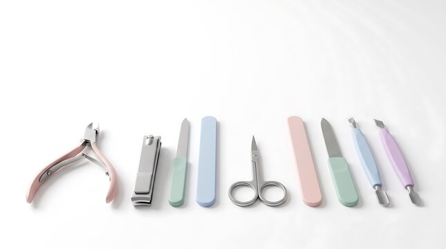 Pastel color manicure and pedicure nail care tool set flat lay isolated on white background