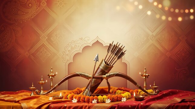 Traditional indian bow and quiver of arrows resting on red fabric with marigold garlands and glowing brass oil lamps against a warm orange background