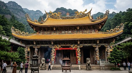 Obraz premium Golden Pagoda Temple with Dragons and Mountains, Traditional Chinese Architecture