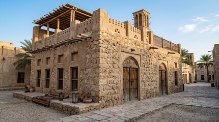 Fototapeta premium Historic stone building with wind tower, traditional Arabic architecture, Dubai old town street