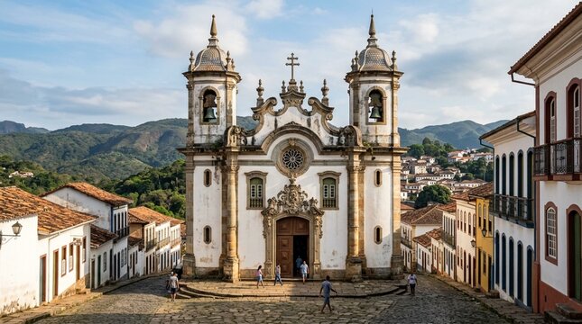 Historic Church Facade in Ouro Preto, Brazil - Colonial Architecture