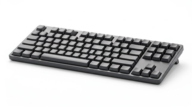 Modern dark gray computer keyboard with blank keys on a white background
