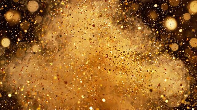 Golden glitter explosion in slow motion on black background with bokeh lights, abstract particle burst, dynamic event footage for celebrations and luxury themes.
