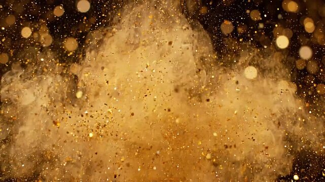Golden glitter explosion slow motion revealing sparkling particles and dust clouds against black background with bokeh lights festive celebration concept.