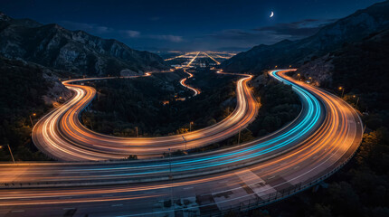 Fototapeta premium Panoramic highway winding through mountain landscape with vibrant light trails at night for infrastructure and travel marketing.