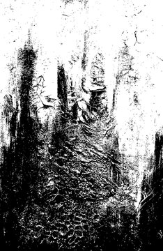 Vintage gothic ink sketch, dark surreal landscape with abstract ruins, monochrome charcoal texture for horror book covers