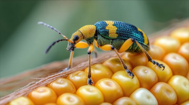 Southern Corn Rootworm beetle eating kernels on ear of corn. Agriculture pest control, insect damage and farming insecticide concept.