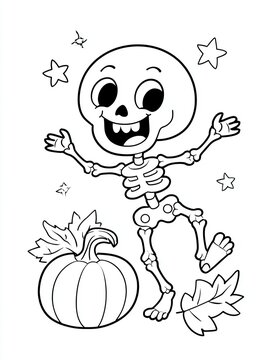 Cartoon skeleton character with a big smile stands next to a pumpkin surrounded by leaves and stars, designed for coloring activities and Halloween themes