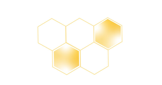 Minimalist golden honeycomb icon, geometric hexagon line cells with yellow honey filling, abstract bee comb element isolated on white background