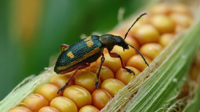 Southern Corn Rootworm beetle eating kernels on ear of corn. Agriculture pest control, insect damage and farming insecticide concept.