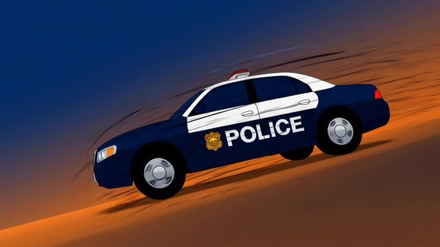 Animated police car driving fast on a road with a colorful sunset background